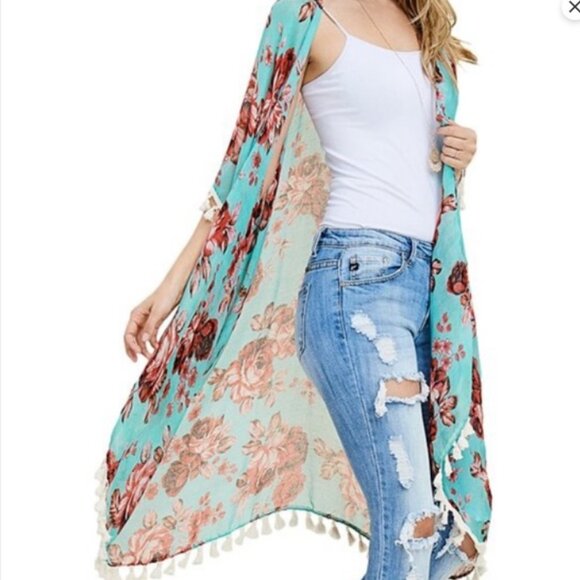 RIAH Green Kimono Floral Fringe Plus EUC 1X 2X L XL - Picture 1 of 8